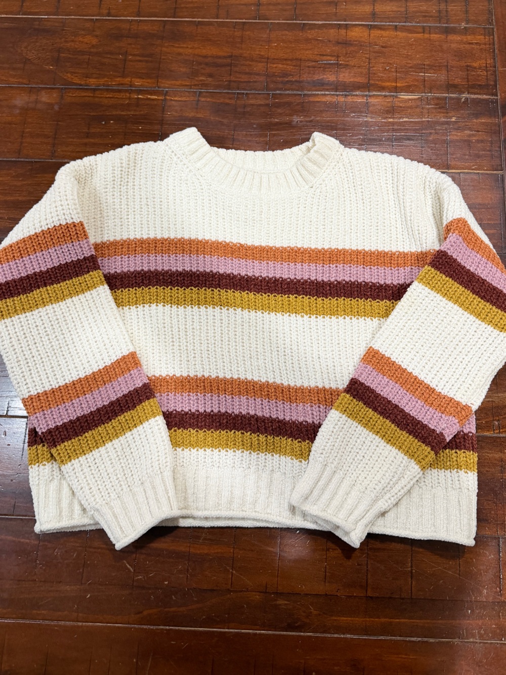 Hippie Rose Cream Sweater with Pink, Mustard, Rust & Brown Stripes